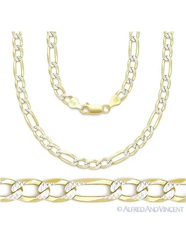 5mm Figaro Pave Link .925 Sterling Silver 14k Yellow Gold-Plated Chain Necklace